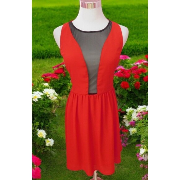 Moonlight Red Mesh Cutout Fit Flare Dress Edgy Chic Size Large - Picture 1 of 10